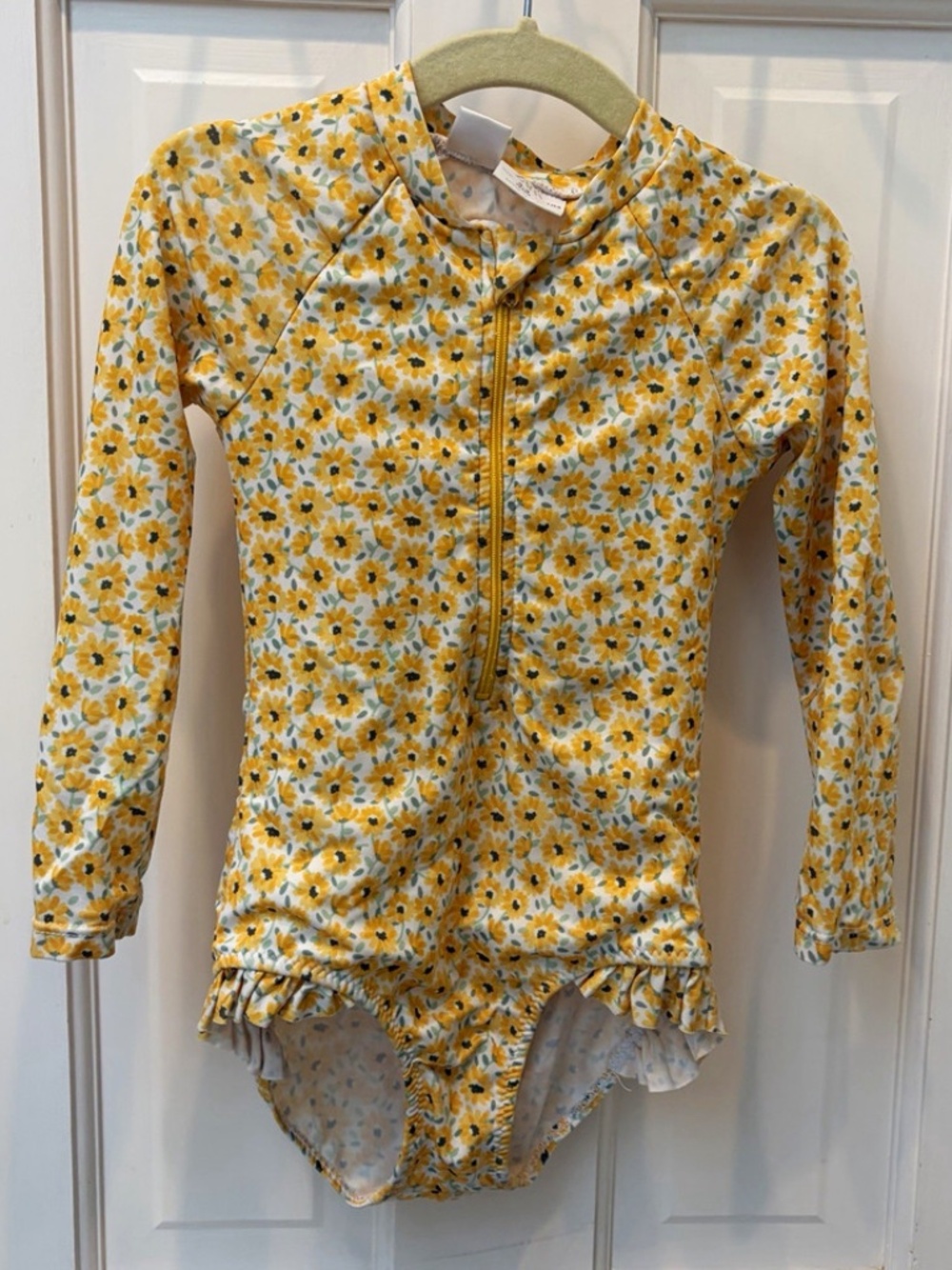 Zara Girls Long Sleeve Full Zip One Piece Swimsuit Yellow Floral Size 3-4Y
